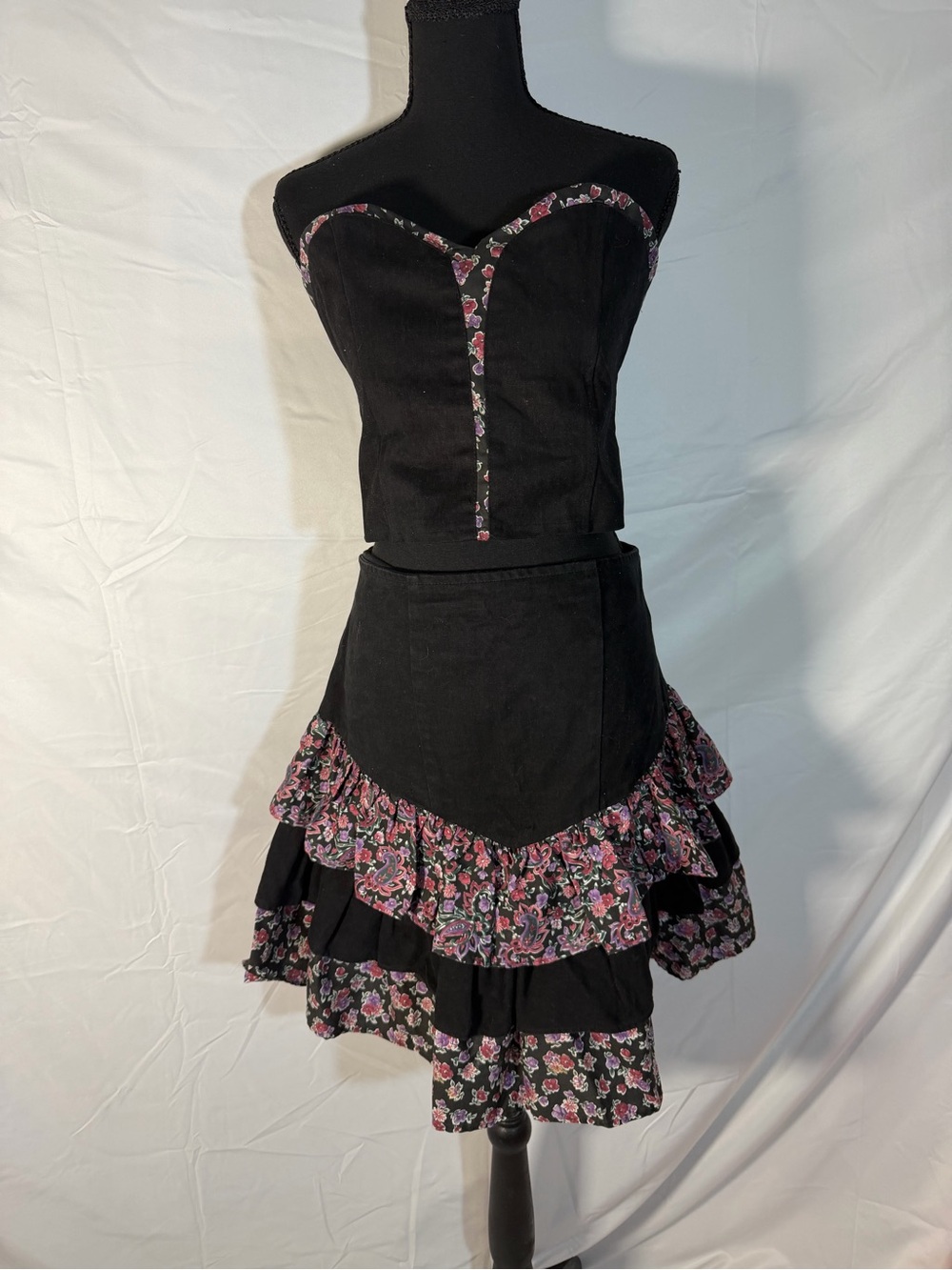 Frederick's of Hollywood Black Skirt with Pink Floral Ruffles and matching top